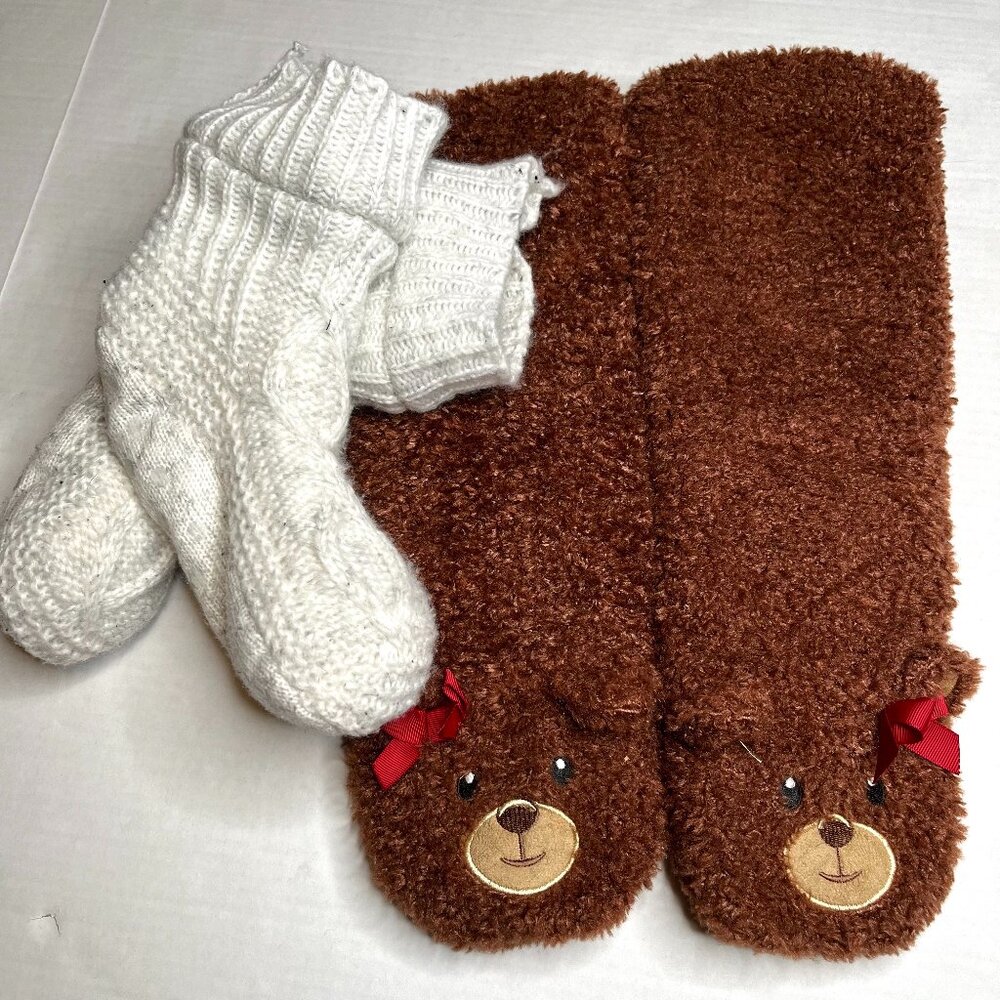 2 Pairs of Slipper Socks Brown Bear with Bows White Cable Knit Sherpa Faux Fur